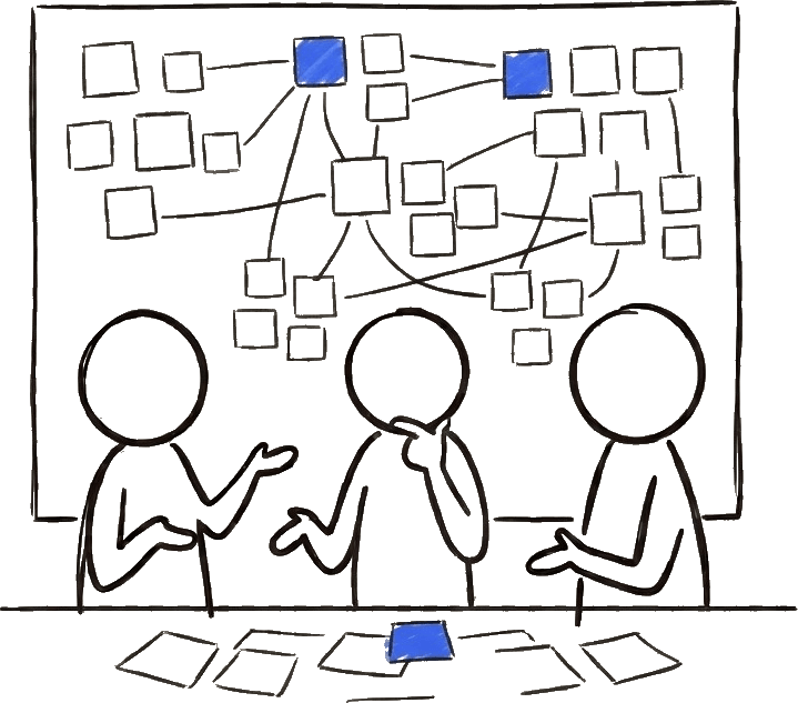Illustration of a collaborative working session: three people in front of a whiteboard covered in connected sticky notes