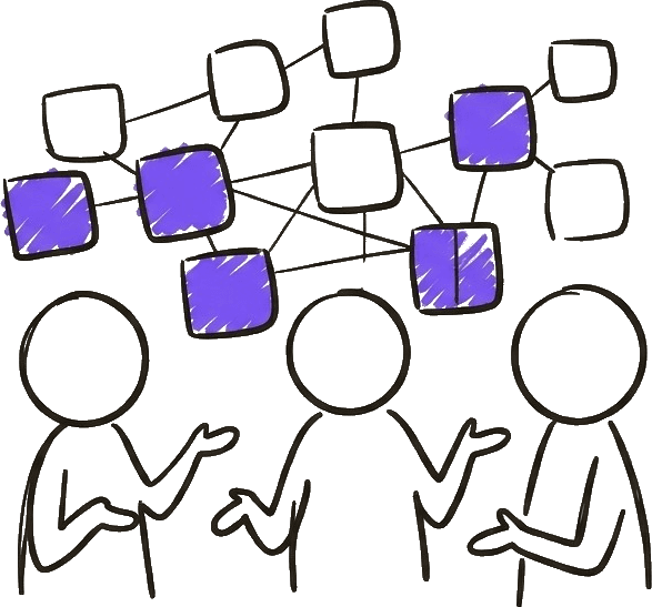 Illustration of three people in conversation beneath a network of connected sticky notes